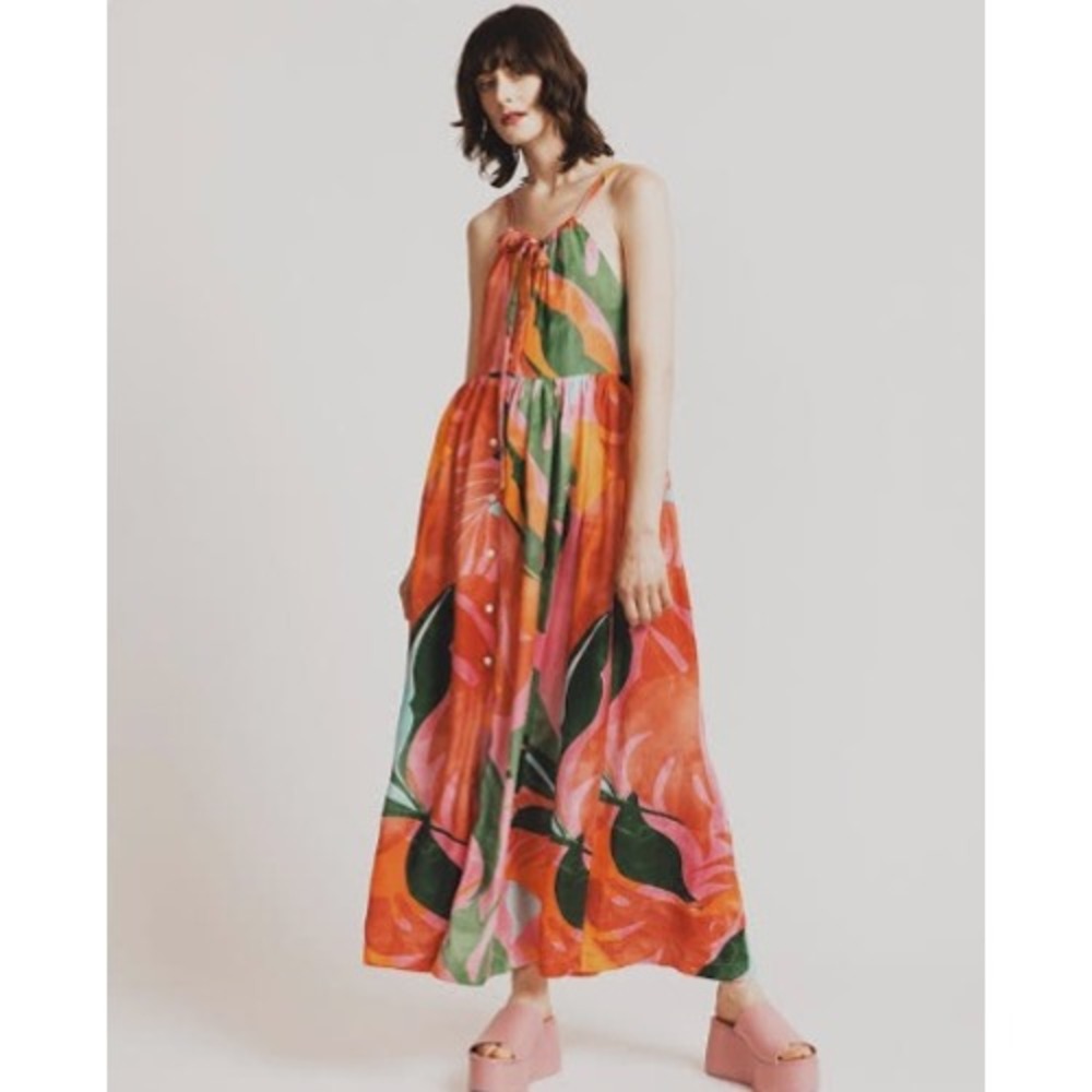 NWOT Allison Wonderland Island Dress Tropical Print Adjustable Tie Straps 6 Pink